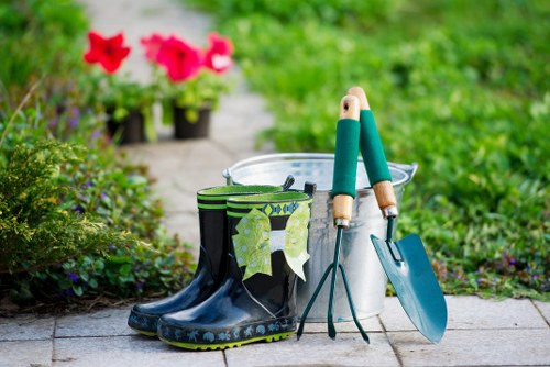 Seasonal planting and evergreen shrubs in an Arkley garden