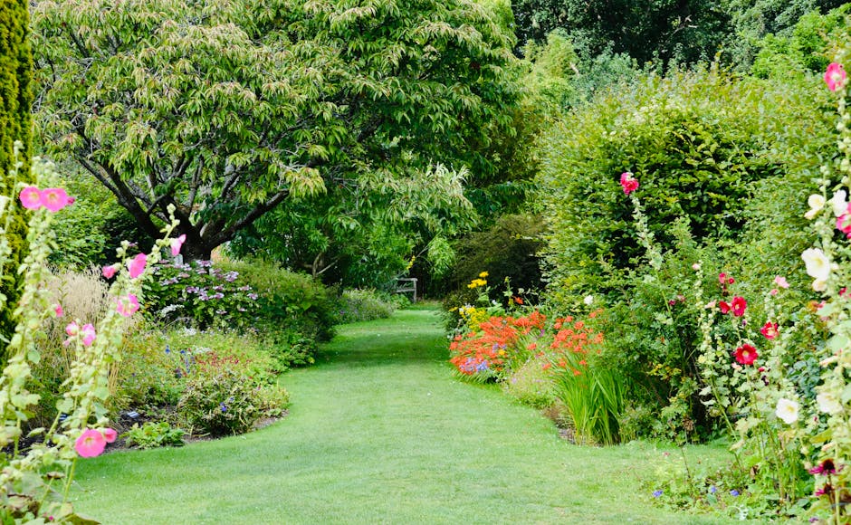 A lush garden scene featuring a well-maintained, narrow grassy pathway lined with vibrant flowering plants and shrubs on both sides. On the left, pink hollyhocks and clusters of purple and white bloom