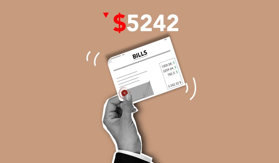A monochrome image showing a hand holding a paper bill with the heading 'BILLS' and various expense entries. The hand is poised with a pen, as if ready to sign or make notes. The background is a solid
